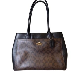 Coach Signature‎ Leather Tote Bag Handbag Purse Brown Black Gold F31475